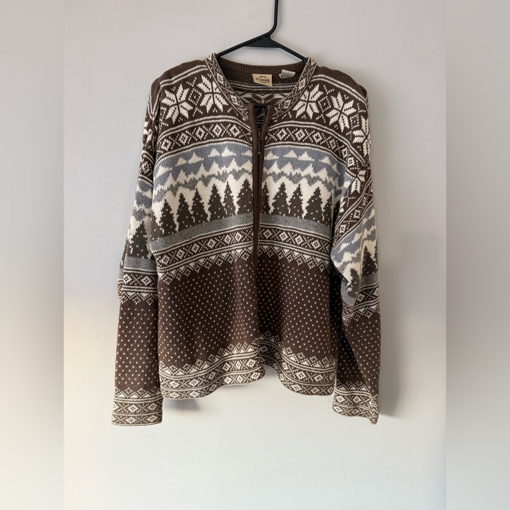 VTG Fair Isle Nordic Pattern Funky Sweater Cardigan Brown Blue Christmas Tree L